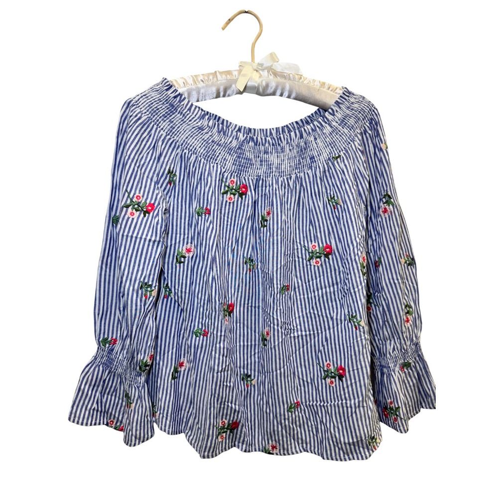 Miss M Women Blue White Striped Floral Embroidered Off Shoulder Blouse